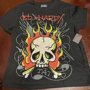 Ed Hardy men’s black flaming skull graphic rhinestone T-shirt, XL